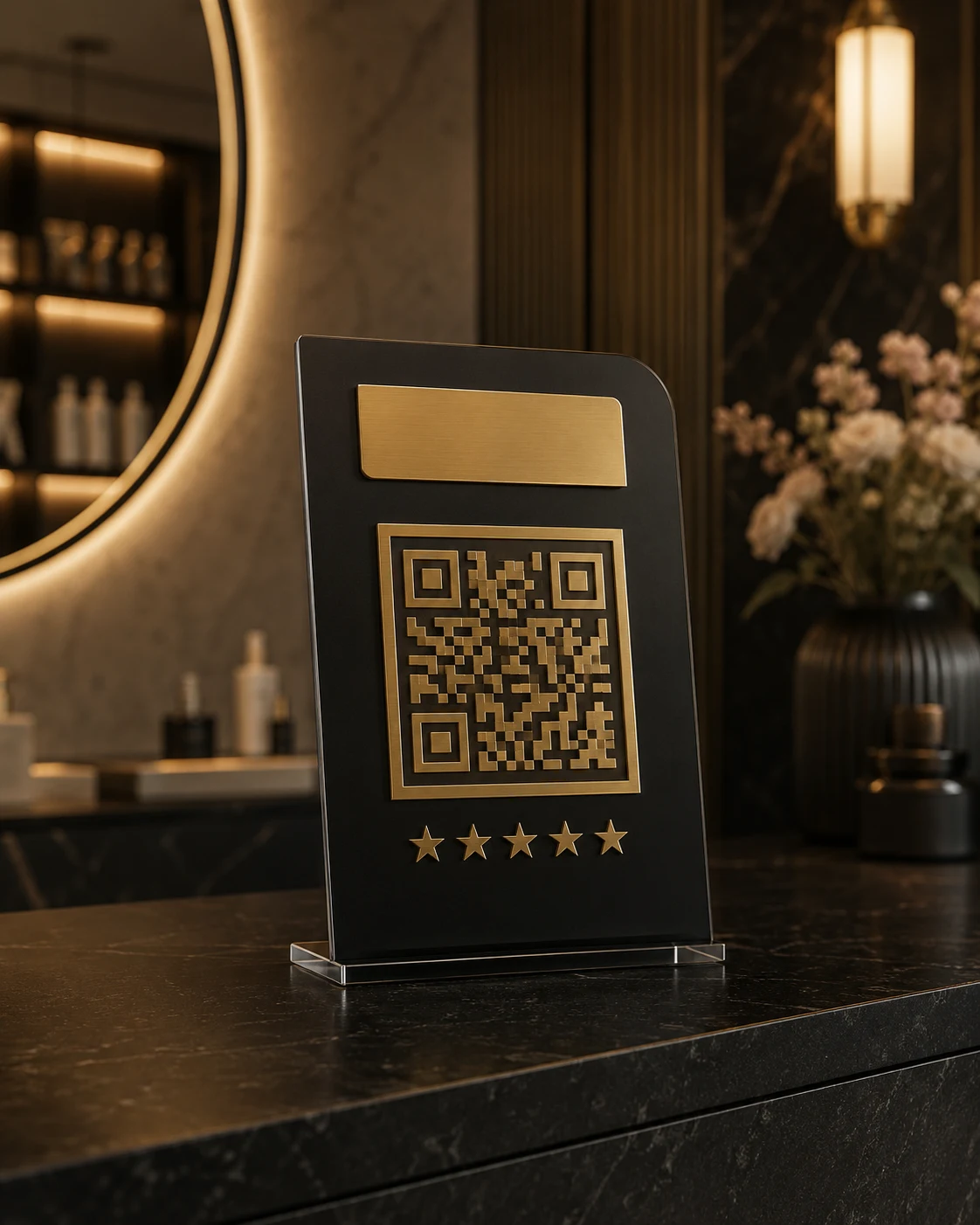 Google yorum QR kodu bulunan siyah akrilik masa standı